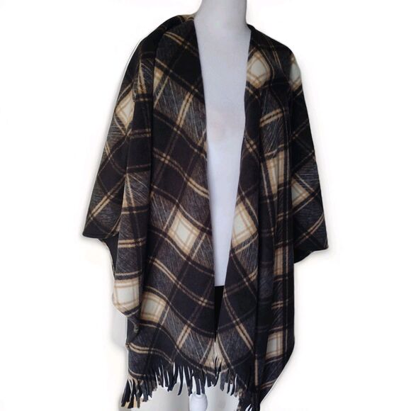 Rachel Roy Women’s Oversized Plaid Black Tan Gray Wrap Shawl Blanket Warm Soft - Picture 1 of 4